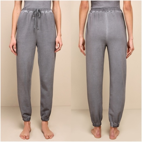 LULU’S Comfy Mindset Washed Charcoal Grey French Terry Joggers - Picture 2 of 7